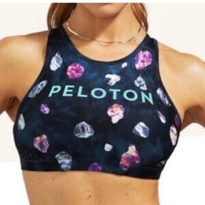 Peloton WITH Asteroid High Neck Bra Back Cut Out Navy Mesh Detail Logo Small